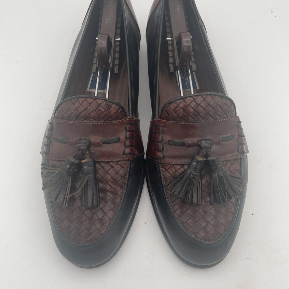 Bragano Mens Shoes Size 10M Black Brown Leather Full‎ Strap Woven Tassel Loafers - Picture 2 of 16